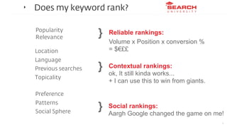 ‣   Does my keyword rank?

    Popularity
    Relevance           }   Reliable rankings:
                            Volum...