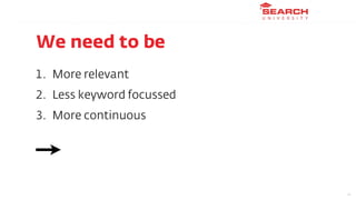 We need to be
1. More relevant
2. Less keyword focussed
3. More continuous




                           14
 