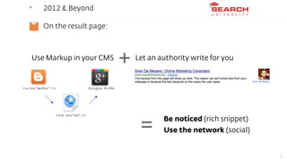 ‣   2012 & Beyond

‣   On the result page:



Use Markup in your CMS
                          +   Let an authority write ...