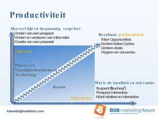 Productiviteit Meer Opportunities Kortere Sales Cycles Grotere deals Hogere win conversie Suspect ‘touches’ Prospect interacties Klant relaties en interacties Hoeveel tijd en inspanning  vergt het: Efficientie Resultaat:  productiviteit Wat is de kwaliteit en relevantie: Kennis Vinden van een prospect Vinden en versturen van informatie Creatie van een proposal Processen Vaardigheden/mensen Technology Effectiviteit [email_address] 
