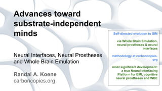 Advances toward
substrate-independent
minds

Self-directed evolution to SIM
via Whole Brain Emulation,
neural prostheses & neural
interfaces

Neural Interfaces, Neural Prostheses
and Whole Brain Emulation
Randal A. Koene
carboncopies.org

methodology at carboncopies.
org
most significant development:
a true Neural Interfacing
Platform for BMI, cognitive
neural prostheses and WBE

 