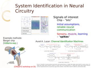 System Identification in Neural
          Circuitry
                                                 Signals of interest
                                                     Chip – “bits”
                                                     Initial assumptions,
                                                     reliable neural
                                                     communication
                                                     Sensory, muscle, learning
                                                     – “spikes”
Example methods:
Berger chip                     Aurel A. Lazar: Channel Identification Machines
(Volterra exp.)




         (CNS2012 workshop on SI)
 