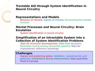 Tractable AGI through System Identification in
Neural Circuitry

Representations and Models
  Behavior of interest; Signals of interest; Discovering the transfer
  function

Mental Processes and Neural Circuitry: Brain
Emulation
  System identification in neural circuitry

Simplification of an Intractable System into a
Collection of System Identification Problems
  Tools for structural decomposition; Data from structure;
  Parameter tuning among connected systems; Tools for
  characteristic reference recordings

Challenges
  Signals and predicting spikes; Validation, reconstruction and
  plasticity; Interference during measurement; Data quantities;
  Proof of concept
 