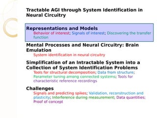 Tractable AGI through System Identification in
Neural Circuitry

Representations and Models
  Behavior of interest; Signals of interest; Discovering the transfer
  function

Mental Processes and Neural Circuitry: Brain
Emulation
  System identification in neural circuitry

Simplification of an Intractable System into a
Collection of System Identification Problems
  Tools for structural decomposition; Data from structure;
  Parameter tuning among connected systems; Tools for
  characteristic reference recordings

Challenges
  Signals and predicting spikes; Validation, reconstruction and
  plasticity; Interference during measurement; Data quantities;
  Proof of concept
 