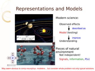 Representations and Models
                                                           Modern science:

                                                               Observed effects
                                                                             described as
                                                               Model (testing)

                                                                        improve
                                                               Understanding


                                                           Pieces of natural
                                                           environment
                                                               Not independent!
                                                               Signals, information, P(x)


May seem obvious to comp.neurophys. modelers... but consider whole problem not only typical solutions
 