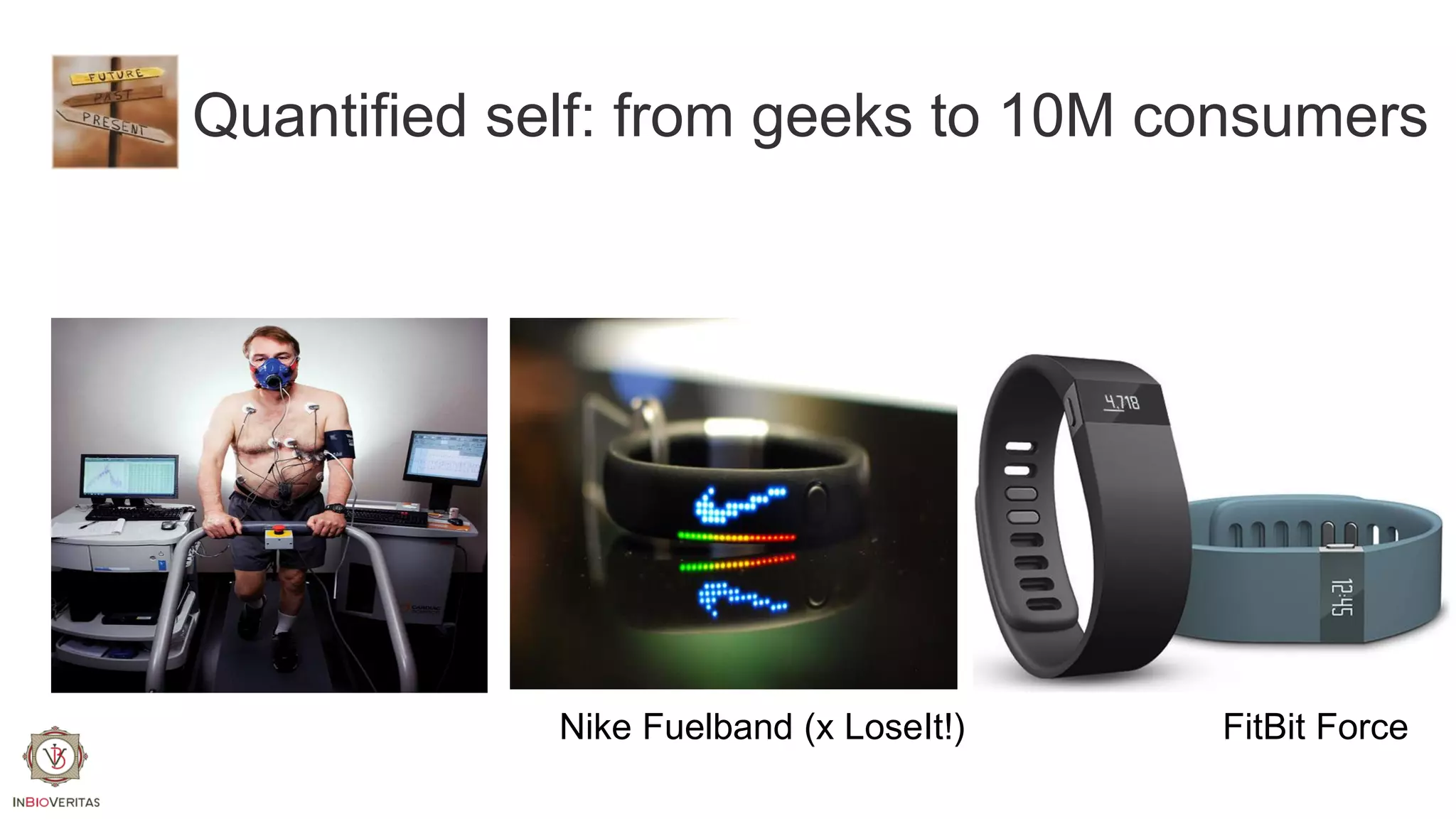 Quantified self: from geeks to 10M consumers

Nike Fuelband (x LoseIt!)

FitBit Force

 