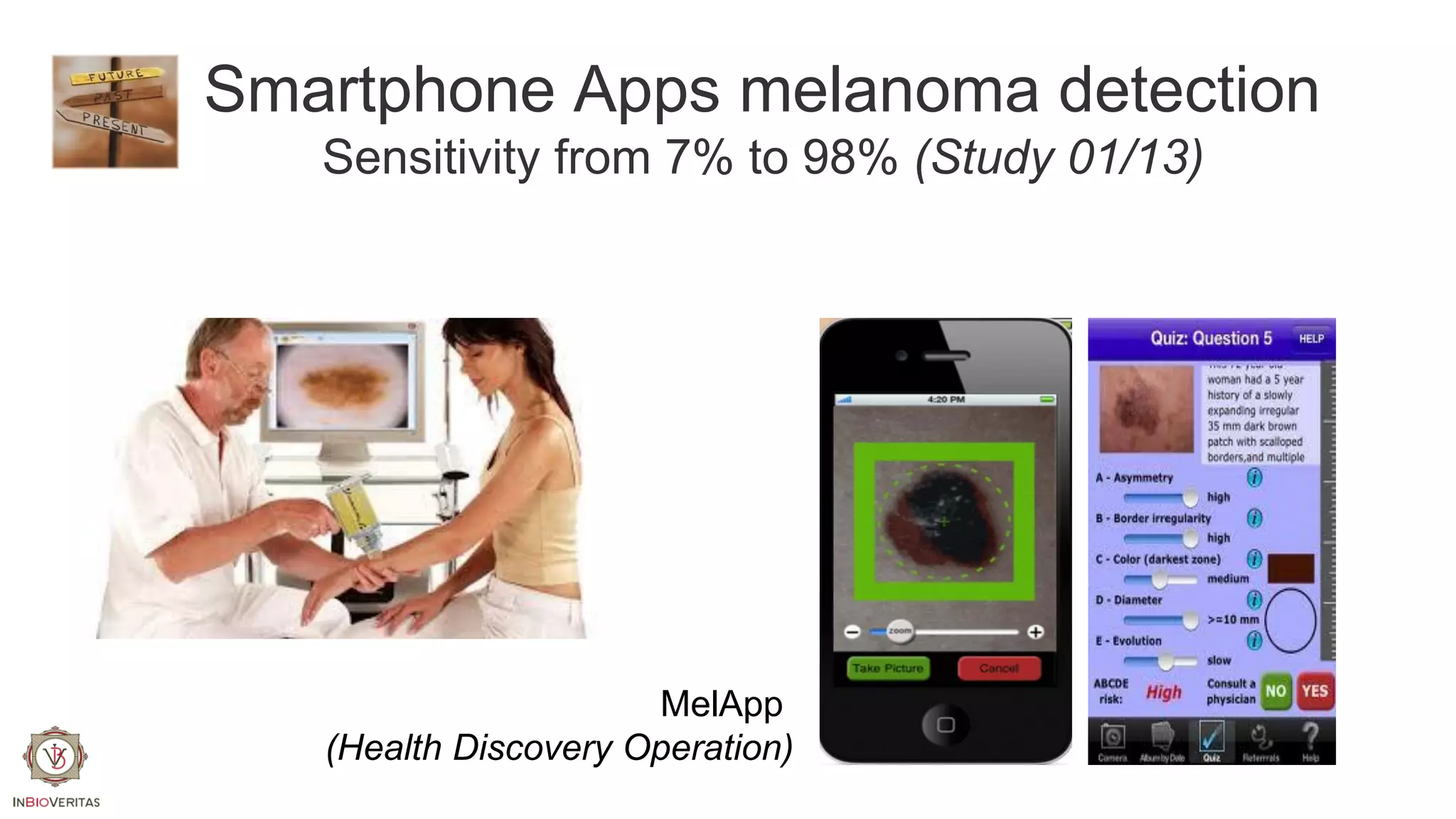 Smartphone Apps melanoma detection
Sensitivity from 7% to 98% (Study 01/13)

MelApp
(Health Discovery Operation)

 