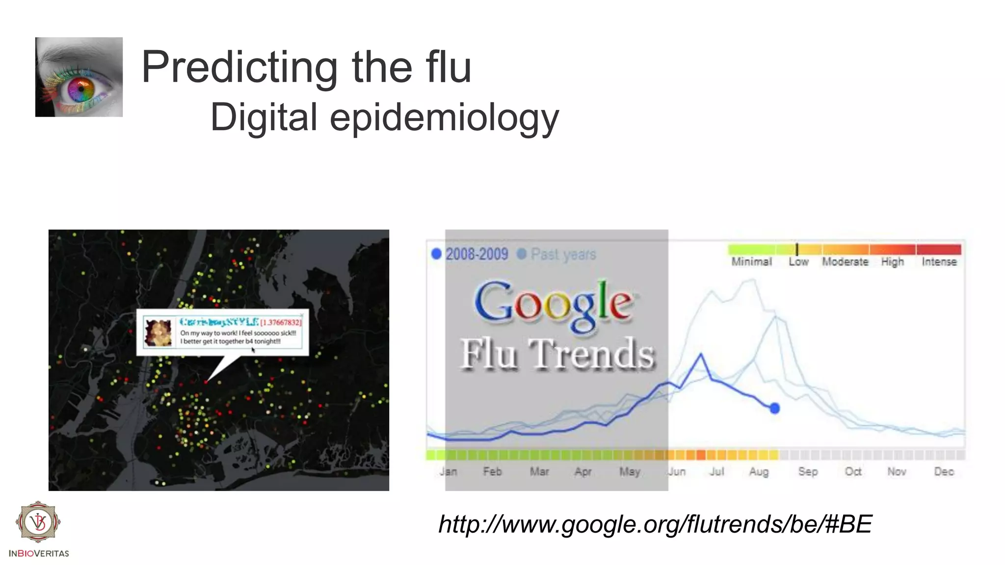 Predicting the flu
Digital epidemiology

http://www.google.org/flutrends/be/#BE

 