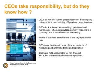 CEOs take responsibility, but do they
know how ?
* Brand and reputation in the Boardroom,
Koenraad van Hasselt, 2011
• CEOs do not feel like the personification of the company,
but accept the responsibility of figurehead, esp. in crises
• CEOs look at brand as something operational and
manageable, whereas reputation simply ´happens to a
company´ and is therefore more threatening
• Profile of business sector is one of the key reputational
risks
• CEO is not familiar with state of the art methods of
measuring and analyzing brand and reputation
• CEOs are held accountable for non-financial
KPI´s, but only rarely for brand and reputation.
 