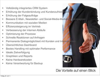        Vollständig integriertes CRM System
         Erhöhung der Kundenbindung und Kundenzufriedenheit
         Erhöhung der Folgeaufträge
         Bessere E-Mail-, Newsletter- und Social-Media-Marketing Kampagnen
         Kommunikation mit sozialen Medien
         Effizienzsteigerung im Vertrieb
         Verbesserung der internen Abläufe
         Optimierung der Prozesse
         Schnelle Reaktionen auf Anfragen
         Permanente Dialogmöglichkeit mit Kunden und Interessenten
         Übersichtliches Dashboard
         Bestes Handling mit optimaler Performance
         Ideale Zielverfolgung
         Graphiken und Reports
         Keine Hardwarekosten
         Keine Verantwortung für Backup

                                                  Die Vorteile auf einen Blick
Freitag, 22. Juli 11
 