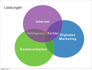 Leistungen


                              Internet



                                         Digitales
                                         Marketing


                       Kommunikation




Freitag, 22. Juli 11
 
