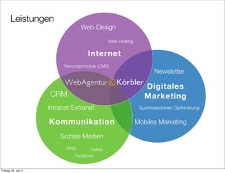 Leistungen
                                    Web-Design

                                                 Web-Hosting


                                      Internet
                            Wartungsmodule (CMS)
                                                                      Newsletter

                                                                  Digitales
                        CRM                                       Marketing
                       Intranet/Extranet                        Suchmaschinen Optimierung


                       Kommunikation                           Mobiles Marketing

                           Soziale Medien
                             XING      Twitter
                                Facebook


Freitag, 22. Juli 11
 