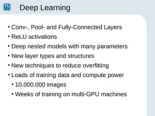 Deep Learning
●
Conv-, Pool- and Fully-Connected Layers
●
ReLU activations
●
Deep nested models with many parameters
●
New...
