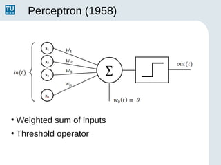 Perceptron (1958)
●
Weighted sum of inputs
●
Threshold operator
 