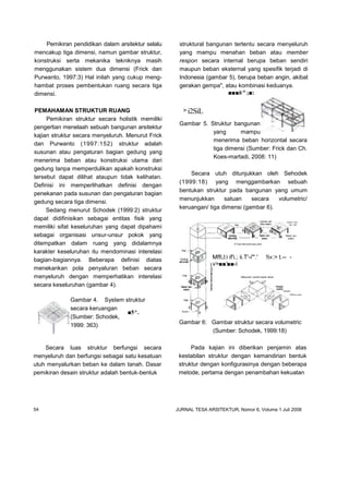 Pemikiran pendidikan dalam arsitektur selalu
mencakup tiga dimensi, namun gambar struktur,
konstruksi serta mekanika tekniknya masih
menggunakan sistem dua dimensi (Frick dan
Purwanto, 1997:3) Hal inilah yang cukup meng-
hambat proses pembentukan ruang secara tiga
dimensi.
PEMAHAMAN STRUKTUR RUANG
Pemikiran struktur secara holistik memiliki
pengertian menelaah sebuah bangunan arsitektur
kajian struktur secara menyeluruh. Menurut Frick
dan Purwanto (1997:152) struktur adalah
susunan atau pengaturan bagian gedung yang
menerima beban atau konstruksi utama dari
gedung tanpa memperdulikan apakah konstruksi
tersebut dapat dilihat ataupun tidak kelihatan.
Definisi ini memperlihatkan definisi dengan
penekanan pada susunan dan pengaturan bagian
gedung secara tiga dimensi.
Sedang menurut Schodek (1999:2) struktur
dapat didifinisikan sebagai entitas fisik yang
memiliki sifat keseluruhan yang dapat dipahami
sebagai organisasi unsur-unsur pokok yang
ditempatkan dalam ruang yang didalamnya
karakter keseluruhan itu mendominasi interelasi
bagian-bagiannya. Beberapa definisi diatas
menekankan pola penyaluran beban secara
menyeluruh dengan memperhatikan interelasi
secara keseluruhan (gambar 4).
Gambar 4. System struktur
secara keruangan
(Sumber: Schodek,
1999: 363)
struktural bangunan tertentu secara menyeluruh
yang mampu menahan beban atau member
respon secara internal berupa beban sendiri
maupun beban eksternal yang spesifik terjadi di
Indonesia (gambar 5), berupa beban angin, akibat
gerakan gempa", atau kombinasi keduanya.
■■■h" ;■:
i2SiL
Gambar 5. Struktur bangunan
yang mampu
menerima beban horizontal secara
tiga dimensi (Sumber: Frick dan Ch.
Koes-martadi, 2008: 11)
Secara utuh ditunjukkan oleh Sehodek
(1999:18) yang menggambarkan sebuah
bentukan struktur pada bangunan yang umum
menunjukkan satuan secara volumetric/
keruangan/ tiga dimensi (gambar 6).
Mffi,l:i if'i.; ii.T'-i"'.' !t«:> t.-- -
v>■■'■■-i
Gambar 6: Gambar struktur secara volumetric
(Sumber: Schodek, 1999:18)
Secara luas struktur berfungsi secara
menyeluruh dan berfungsi sebagai satu kesatuan
utuh menyalurkan beban ke dalam tanah. Dasar
pemikiran desain struktur adalah bentuk-bentuk
Pada kajian ini diberikan penjamin atas
kestabilan struktur dengan kemandirian bentuk
struktur dengan konfigurasinya dengan beberapa
metode, pertama dengan penambahan kekuatan
54 JURNAL TESA ARSITEKTUR, Nomor 6, Volume 1 Juli 2008
■5^.
>
E^roan ttanzortai saiu arari
Mttkanretr* penifcti bobaii !aie/ai
Hangka
OtfKSrtg <jesar
 
