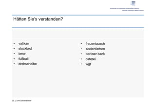 Hätten Sie‘s verstanden?




 •     vatikan              •    frauentausch
 •     stockbrot            •    seelenfarben
 •     bmw                  •    berliner bank
 •     fußball              •    osterei
 •     drehscheibe          •    wgt




22 | Dirk Lewandowski
 
