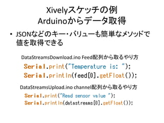組み込みーモバイルークラウドの
仕組み・取り組み（1 of 3）
• 京都 デ変研 「Derimo」
– クローズドサーバ⇔Android⇔Arduino
– USB Host API
– LongPollingによるプッシュ
– ソースはCD-ROMにて購入者に提供
– サーバーは1ケ月無料のユーザIDでアクセス
• その後は有料

– 10/20（日）のABC 2013 Autumでは講演
– 2013年11月19日（火） 大阪ROBOBA「ロボット連
絡会11月例会」でDerimoのセミナを行います
http://www.derimo.net/archives/2121

 