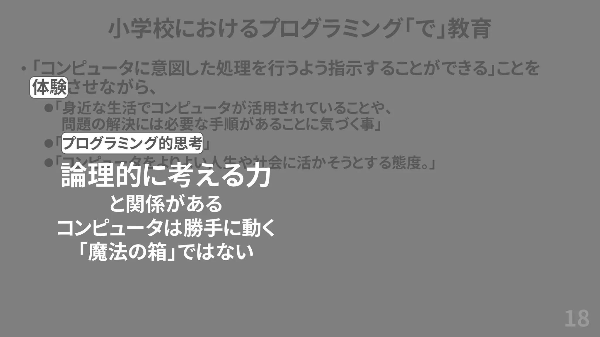小学校におけるプログラミング「で」教育
• 「コンピュータに意図した処理を行うよう指示することができる」ことを
体験させながら、
⚫「身近な生活でコンピュータが活用されていることや、
問題の解決には必要な手順があることに気づく事」
⚫「プログラミング的思考」
⚫「コンピュータをよりよい人生や社会に活かそうとする態度。」
18
論理的に考える力
と関係がある
コンピュータは勝手に動く
「魔法の箱」ではない
 