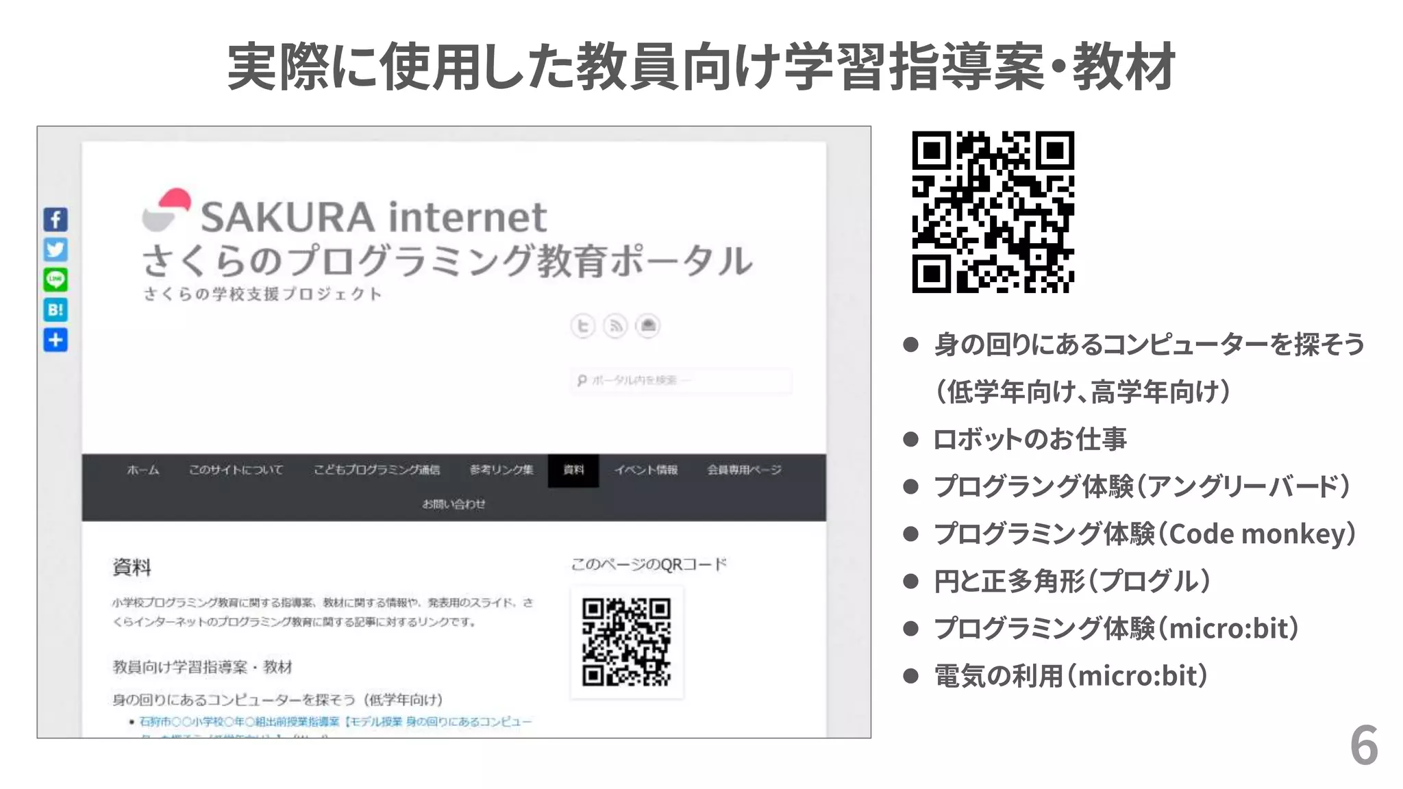 実際に使用した教員向け学習指導案・教材
6
⚫ 身の回りにあるコンピューターを探そう
（低学年向け、高学年向け）
⚫ ロボットのお仕事
⚫ プログラング体験（アングリーバード）
⚫ プログラミング体験（Code monkey）
⚫ 円と正多角形（プログル）
⚫ プログラミング体験（micro:bit）
⚫ 電気の利用（micro:bit）
 