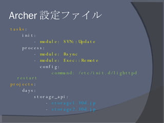 Archer 設定ファイル <ul><li>tasks : </li></ul><ul><li>init: </li></ul><ul><li>-  module: SVN::Update </li></ul><ul><li>process: ...