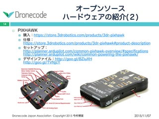 オープンソース
ハードウェアの紹介(２)
2015/11/07Dronecode Japan Association Copyright 2015 今村博宣
14
 PIXHAWK
 購入：https://store.3drobotics.com/products/3dr-pixhawk
 仕様：https://store.3drobotics.com/products/3dr-pixhawk#product-description
 セットアップ：http://planner.ardupilot.com/common-pixhawk-
overview/#specifications
http://planner.ardupilot.com/wiki/common-powering-the-pixhawk/
 デザインファイル：http://goo.gl/BZiuXH
http://goo.gl/TVNjcY
 