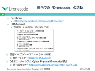 国内での「Dronecode」の活動
2015/11/07Dronecode Japan Association Copyright 2015 今村博宣
32
 Facebook
 https://www.facebook.com/groups/Dronecode/
 日本Android
 ABC2015 Summer（2015/07/20）
 関西オープンソースフォーラム（KOF）
 展示・セミナー https://k-of.jp/2015/
 OSSコンソーシアム Cyber Physical Embedded部会
 第10回セミナー http://www.osscons.jp/jos87wfdv-723/#_723
 
