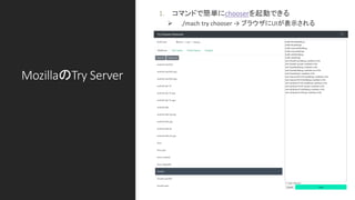 MozillaのTry Server
1. コマンドで簡単にchooserを起動できる
➢ ./mach try chooser → ブラウザにUIが表示される
 