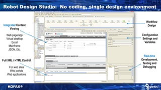 Robot Design Studio: No coding, single design environment
10
Integrated Content
Viewing
Web page/app
Virtual desktop
Excel
Mainframe
JSON, Etc.
Workflow
Design
Real-time
Development,
Testing and
Debugging
Full XML / HTML Control
For web sites
Web portals
Web applications
Configuration
Settings and
Variables
 