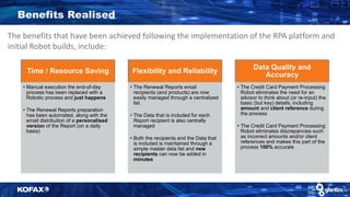 The benefits that have been achieved following the implementation of the RPA platform and
initial Robot builds, include:
Time / Resource Saving
• Manual execution the end-of-day
process has been replaced with a
Robotic process and just happens
• The Renewal Reports preparation
has been automated, along with the
email distribution of a personalised
version of the Report (on a daily
basis)
Flexibility and Reliability
• The Renewal Reports email
recipients (and products) are now
easily managed through a centralized
list
• The Data that is included for each
Report recipient is also centrally
managed
• Both the recipients and the Data that
is included is maintained through a
simple master data list and new
recipients can now be added in
minutes
Data Quality and
Accuracy
• The Credit Card Payment Processing
Robot eliminates the need for an
advisor to think about (or re-input) the
basic (but key) details, including
amount and client reference during
the process
• The Credit Card Payment Processing
Robot eliminates discrepancies such
as incorrect amounts and/or client
references and makes this part of the
process 100% accurate
Benefits Realised
 