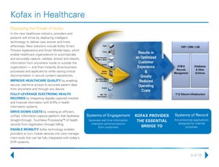 3 of 13
Kofax in Healthcare
Deploying the Power of Kofax
In the new healthcare industry, providers and
patients will thrive by deploying intelligent
technology to deliver care sooner and more
effectively. New solutions include Kofax Smart
Process Applications and Smart Mobile Apps, which
enable healthcare organizations to automatically
and accurately capture, validate, extract and classify
information from anywhere inside or outside the
organization — and then instantly drive business
processes and applications while saving critical
documentation in secure content repositories.
IMPROVE HEALTHCARE QUALITY by enabling
secure, real-time access to accurate patient data
from anywhere and through any device.
FULLY LEVERAGE ELECTRONIC HEALTH
RECORDS by integrating digitally captured medical
and financial information with EHRs in health
information systems.
DRIVE DOWN COSTS by creating an efficient,
unified, information-capture platform that facilitates
straight-through, Touchless Processing™ of health
records from registration through billing.
ENABLE MOBILITY Kofax technology enables
providers to turn mobile devices into care-manage-
ment tools that can be fully integrated with today’s
EHR systems.
Systems of Engagement
Generate real time information
intensive communications
from customers
KOFAX PROVIDES
THE ESSENTIAL
BRIDGE TO
Systems of Record
Are enterprise applications
designed for internal
purposes
 