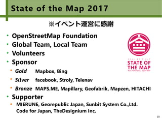 10
State of the Map 2017
OpenStreetMap Foundation
Global Team, Local Team
Volunteers
Sponsor
Gold Mapbox, Bing
Silver facebook, Stroly, Telenav
Bronze MAPS.ME, Mapillary, Geofabrik, Mapzen, HITACHI
Supporter
MIERUNE, Georepublic Japan, Sunbit System Co.,Ltd.
Code for Japan, TheDesignium Inc.
※イベント運営に感謝
 