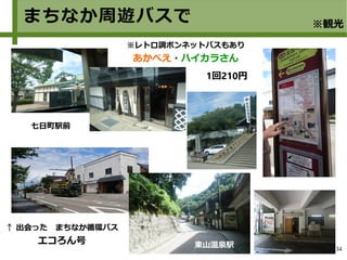 34
まちなか周遊バスで ※観光
※レトロ調ボンネットバスもあり
あかべえ・ハイカラさん
↑ 出会った　まちなか循環バス
エコろん号
七日町駅前
東山温泉駅
1回210円
 