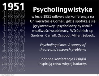 1951                           Psycholingwistyka
  1958                          w	
  lecie	
  1951	
  odbywa	
  się	
  konferencja	
  na	
  
  1966                         Uniwersytecie	
  Cornell,	
  gdzie	
  spotykają	
  się	
  

  1975                           językoznawcy	
  i	
  psycholodzy	
  by	
  ustalić	
  

  1980
                                możliwości	
  współpracy.	
  Wśród	
  nich	
  są:
                               Gardner,	
  Carroll,	
  Osgood,	
  Miller,	
  Sebeok.
  1989
  1991                                  Psycholinguis,cs:	
  A	
  survey	
  of	
  
                                       theory	
  and	
  research	
  problems
  2006
  2007                                 Podobne	
  konferencje	
  i	
  książki	
  
                                      inspirują	
  coraz	
  więcej	
  badaczy.
  2012
czwartek, 11 października 12                                                                   21
 