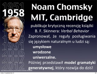 1951 Noam Chomsky
  1958 MIT, Cambridge
  1966 publikuje	
  krytyczną	
  recenzję	
  książki	
  
  1975 B.	
  F.	
  Skinnera:	
  Verbal	
  Behavior
  1980 Zapronował,	
   że	
   reguły	
   posługiwania	
  
  1989 się	
  językiem	
  naturalnym	
  u	
  ludzi	
  są:
  1991 	
  	
   umysłowe
  2006 	
   uniwersalne.
                wrodzone

  2007 Później	
  przedstawił	
  model	
  gramatyki	
  
  2012 generatywnej,	
  który	
  rozwija	
  do	
  dziś!
http://debuinus.deviantart.com/art/Noam-Chomsky-155126536

czwartek, 11 października 12                                23
 