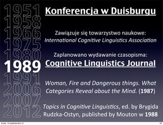 1951                          Konferencja w Duisburgu
  1958
  1966                              Zawiązuje	
  się	
  towarzystwo	
  naukowe:	
  

  1975
                                Interna,onal	
  Cogni,ve	
  Linguis,cs	
  Associa,on


  1980 Cognitive Linguistics         Zaplanowano	
  wydawanie	
  czasopisma:

  1989
  1991 Woman,	
  Fire	
  and	
  Dangerous	
  things.	
  What	
  
  2006 Categories	
  Reveal	
  about	
  the	
  Mind.	
                               (1987)

  2007
  2012
                               Topics	
  in	
  Cogni,ve	
  Linguis,cs,	
  ed.	
  by	
  Brygida	
  
                               Rudzka-­‐Ostyn,	
  published	
  by	
  Mouton	
  w	
  1988
czwartek, 11 października 12                                                                     32
 