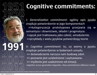 1951                                              Cognitive commitments:
  1958
  1966                                             I:	
   Generaliza,on	
   commitment:	
   ogólny	
   opis	
   języka	
  

  1975
                                                   znajduje	
  potwierdzenie	
  w	
  jego	
  komponentach
                                                   	
   >>kategoryzacja	
   prototypowa	
   przejawia	
   się	
   w	
  

  1980                                             semantyce	
  i	
  słownictwie,	
  składni	
  i	
  pragmatyce.
                                                   	
  >>język	
  jest	
  traktowany	
  jako	
  całość,	
  amodularnie.

  1987                                             	
  >>przykłady	
  z	
  wielu	
  języków	
  wspierają	
  teorię


  1991                                             II:	
   Cogni,ve	
   commitment:	
   to,	
   co	
   wiemy	
   o	
   języku	
  


  2006
                                                   znajduje	
  potwierdzenie	
  w	
  badaniach	
  umysłu.
                                                   	
  >>	
  doświadczenie	
  narzuca	
  nam	
  budowę	
  zdań.

  2007                                             	
  >>	
  poznanie	
  jest	
  ucieleśnione	
  i	
  usytuowane.
                                                   	
  >>	
  myślenie	
  jest	
  uzależnione	
  od	
  emocji.

  2012                                              Cogni,ve	
  versus	
  genera,ve	
  linguis,cs.	
  How	
  commitments	
  inﬂuence	
  results

http://www.sfgate.com/politics/article/Linguist-s-budget-remedy-faces-political-reality-3197338.php
czwartek, 11 października 12                                                                                                                  33
 