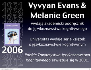 1951 Vyvyan Evans &
  1958 Melanie Green
  1966 wydają	
  akademicki	
  podręcznik	
  
  1975 do	
  językoznawstwa	
  kognitywnego
  1980
  1987 Universitas	
  wydaje	
  serie	
  książek
  1991 o	
  językoznawstwie	
  kognitywnym
  2006 Polskie	
  Towarzystwo	
  Językoznawstwa	
  
  2007 Kognitywnego	
  zawiązuje	
  się	
  w	
  2001.
  2012    http://www.vyvevans.net/
czwartek, 11 października 12                       35
 