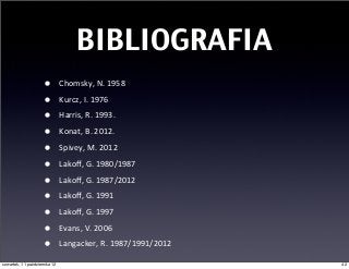 BIBLIOGRAFIA
                     •         Chomsky,	
  N.	
  1958

                     •         Kurcz,	
  I.	
  1976

                     •         Harris,	
  R.	
  1993.

                     •         Konat,	
  B.	
  2012.

                     •         Spivey,	
  M.	
  2012

                     •         Lakoﬀ,	
  G.	
  1980/1987

                     •         Lakoﬀ,	
  G.	
  1987/2012

                     •         Lakoﬀ,	
  G.	
  1991

                     •         Lakoﬀ,	
  G.	
  1997

                     •         Evans,	
  V.	
  2006

                     •         Langacker,	
  R.	
  1987/1991/2012

czwartek, 11 października 12                                        42
 