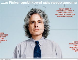 Pinker opublikował opis swego genomu




                               http://www.nytimes.com/2009/01/11/magazine/11Genome-t.html?pagewanted=all&_r=0
czwartek, 11 października 12                                                                                    6
 