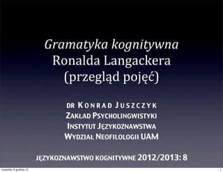 Gramatyka	
  kognitywna	
  
                            Ronalda	
  Langackera
                              (przegląd	
  pojęć)
                                DR KONRAD JUSZCZYK
                                ZAKŁAD PSYCHOLINGWISTYKI
                                INSTYTUT JĘZYKOZNAWSTWA
                                WYDZIAŁ NEOFILOLOGII UAM

                         JĘZYKOZNAWSTWO KOGNITYWNE 2012/2013: 8
czwartek, 6 grudnia 12                                            1
 