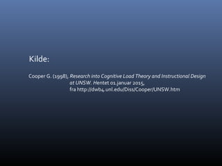 Kilde:
Cooper G. (1998), Research into Cognitive Load Theory and Instructional Design
at UNSW. Hentet 01.januar 2015,
fra http://dwb4.unl.edu/Diss/Cooper/UNSW.htm
 