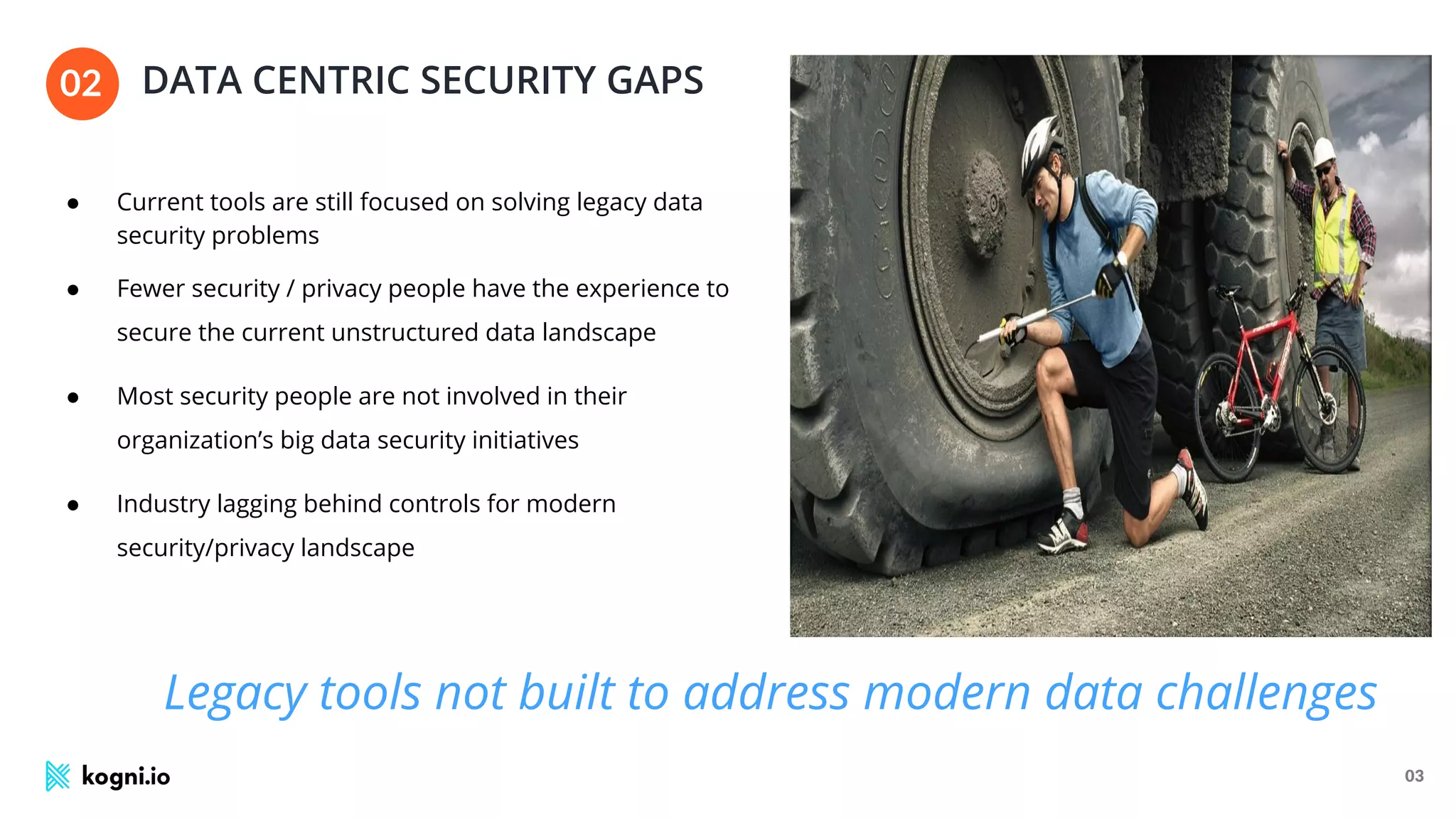 ● Current tools are still focused on solving legacy data
security problems
● Fewer security / privacy people have the experience to
secure the current unstructured data landscape
● Most security people are not involved in their
organization’s big data security initiatives
● Industry lagging behind controls for modern
security/privacy landscape
Legacy tools not built to address modern data challenges
03
DATA CENTRIC SECURITY GAPS
02
 