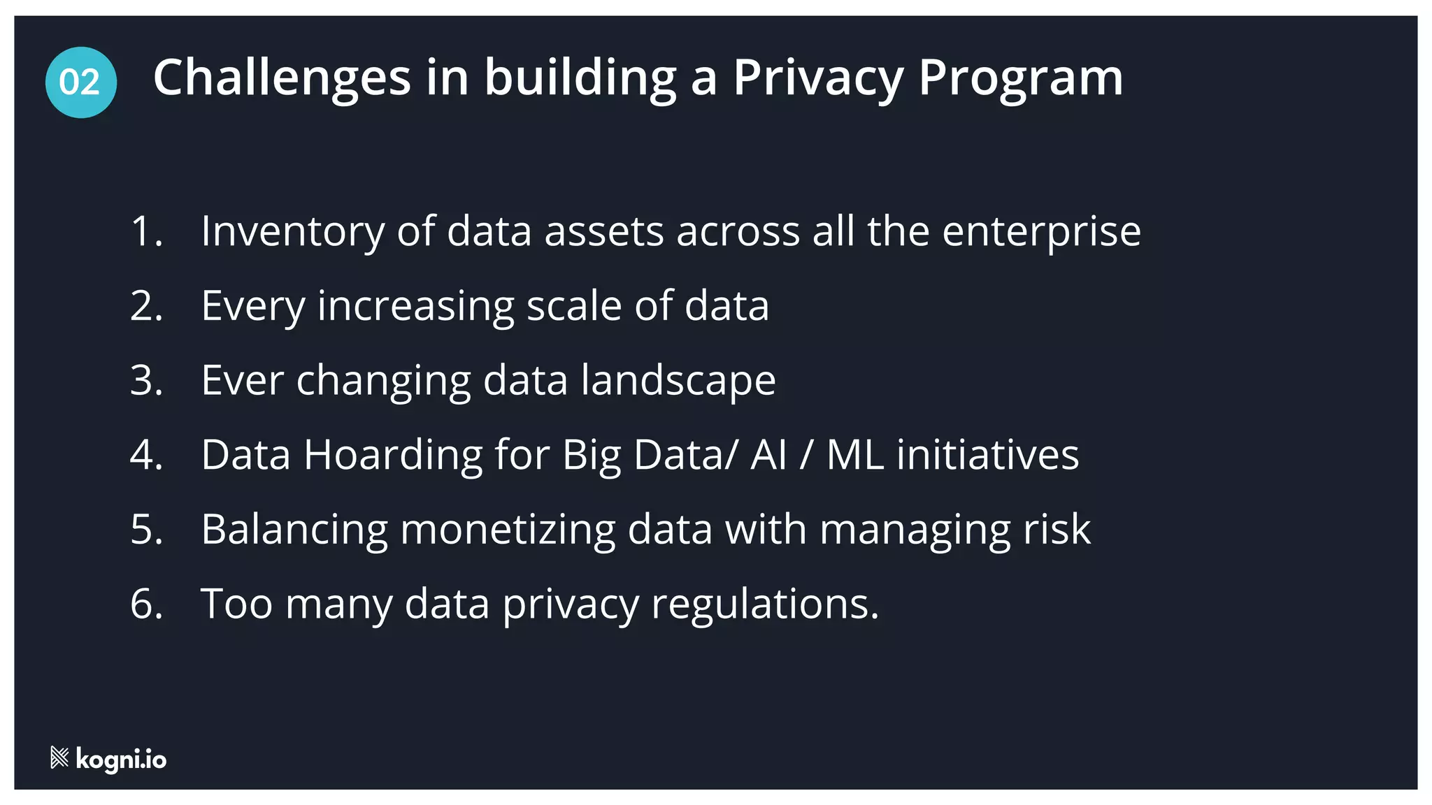 Challenges in building a Privacy Program
02
1. Inventory of data assets across all the enterprise
2. Every increasing scale of data
3. Ever changing data landscape
4. Data Hoarding for Big Data/ AI / ML initiatives
5. Balancing monetizing data with managing risk
6. Too many data privacy regulations.
 