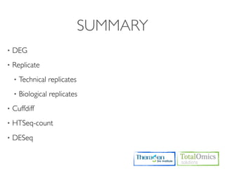 SUMMARY
•   DEG
•   Replicate
    •   Technical replicates
    •   Biological replicates
•   Cuffdiff
•   HTSeq-count
•   DESeq
 