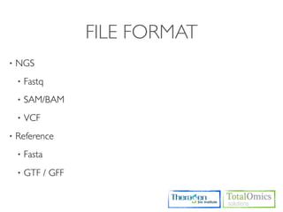 FILE FORMAT
•   NGS
    •   Fastq
    •   SAM/BAM
    •   VCF
•   Reference
    •   Fasta
    •   GTF / GFF
 