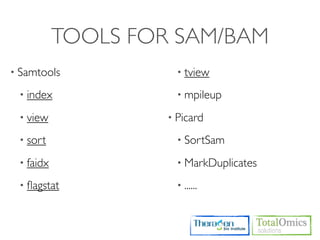 TOOLS FOR SAM/BAM
• Samtools            • tview

 • index              • mpileup

 • view             • Picard

 • sort               • SortSam

 • faidx              • MarkDuplicates

 • ﬂagstat            • ......
 