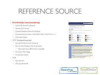 REFERENCE SOURCE
•   Ensembl (http://www.ensembl.org)
    •   General ﬁle format for all species
    •   Geneset (GTF format)
    •   Constant Database schema for all species
    •   Comprehensive Annotation (GO, InterPro, Pfam, Prosite Smart, ...... )
    •   Automated Update
•   UCSC (http://genome.ucsc.edu)
    •   Semi general ﬁle format for all species
    •   Semi constant Database schea for all species
           •   Gene table dump (BED format compatible)
    •   Annotation (Pfam, Kegg)
    •   Comparative Analysis
•   NCBI
    •   Raw data bank
    •   GFF type geneset ﬁle
 