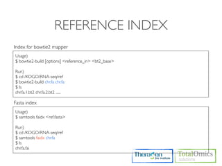 REFERENCE INDEX
Index for bowtie2 mapper
Usage)
$ bowtie2-build [options] <reference_in> <bt2_base>

Run)
$ cd /KOGO/RNA-seq/ref
$ bowtie2-build chr.fa chr.fa
$ ls
chr.fa.1.bt2 chr.fa.2.bt2 ......

Fasta index
Usage)
$ samtools faidx <ref.fasta>

Run)
$ cd /KOGO/RNA-seq/ref
$ samtools faidx chr.fa
$ ls
chr.fa.fai
 