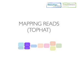 MAPPING READS
  (TOPHAT)

                                                               DEG
             Read                                             analysis
Filtering                           Expression     Gene
            Mapping                                                       Report
                      Duplication     Level      Structure
FastQC      RSeQC                                            Annotation
 