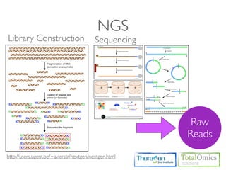 NGS
Library Construction                      Sequencing




                                                        Raw
                                                       Reads
http://users.ugent.be/~avierstr/nextgen/nextgen.html
 